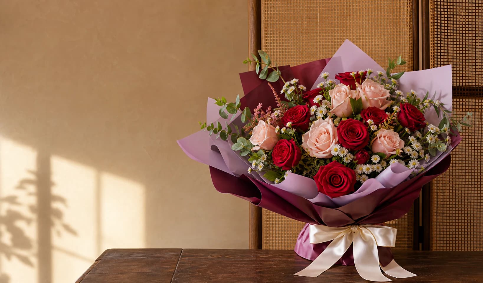Crimson and blush mixed-flower bouquet in burgundy and lilac wrapping