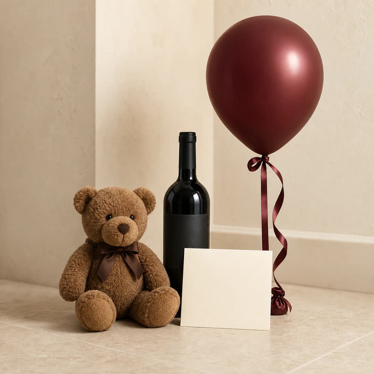 Teddy bear, unbranded wine bottle, card and burgundy helium balloon