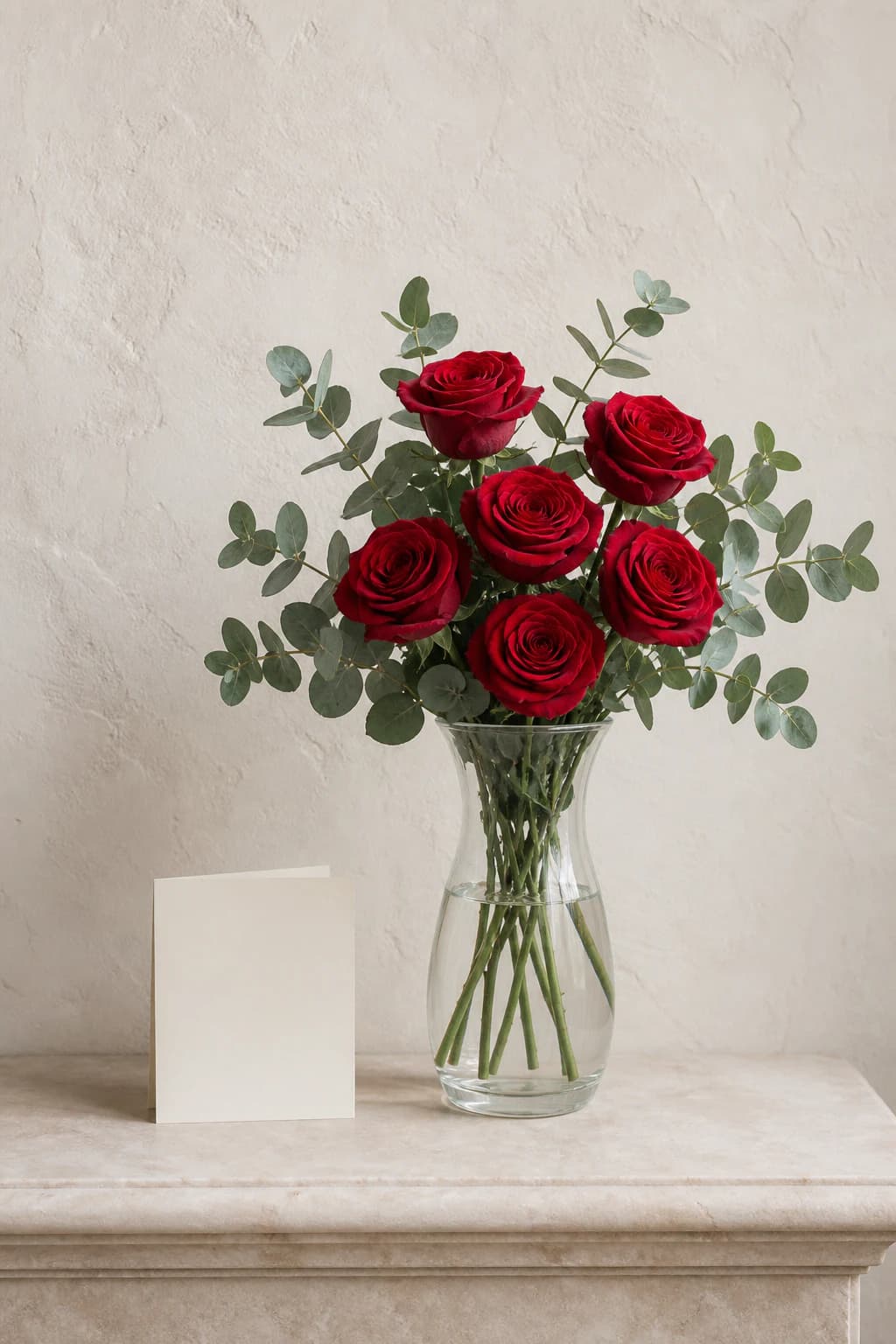 Red roses arranged in a clear glass vase beside a blank card