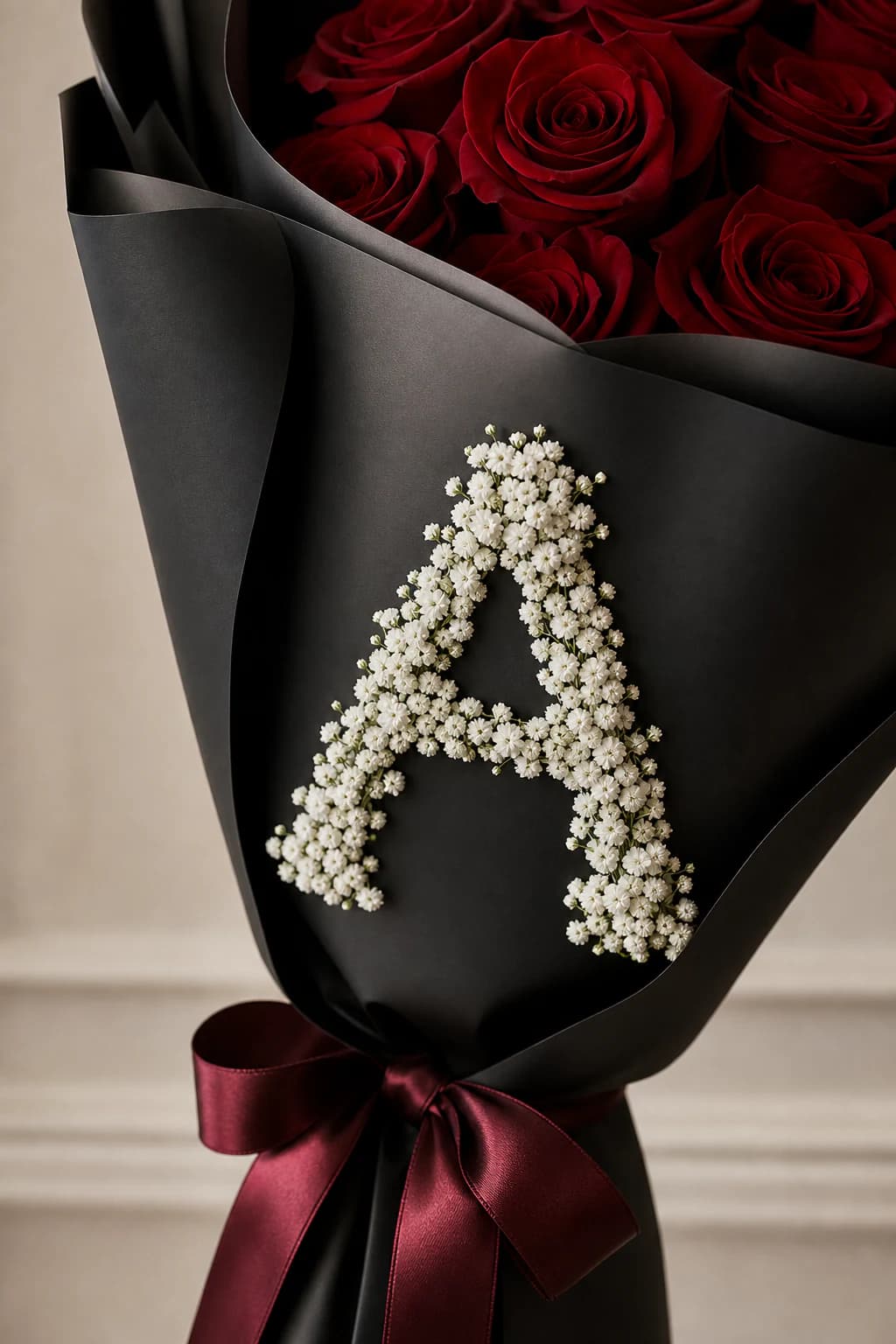 White gypsophila flowers forming the letter A on black bouquet wrapping