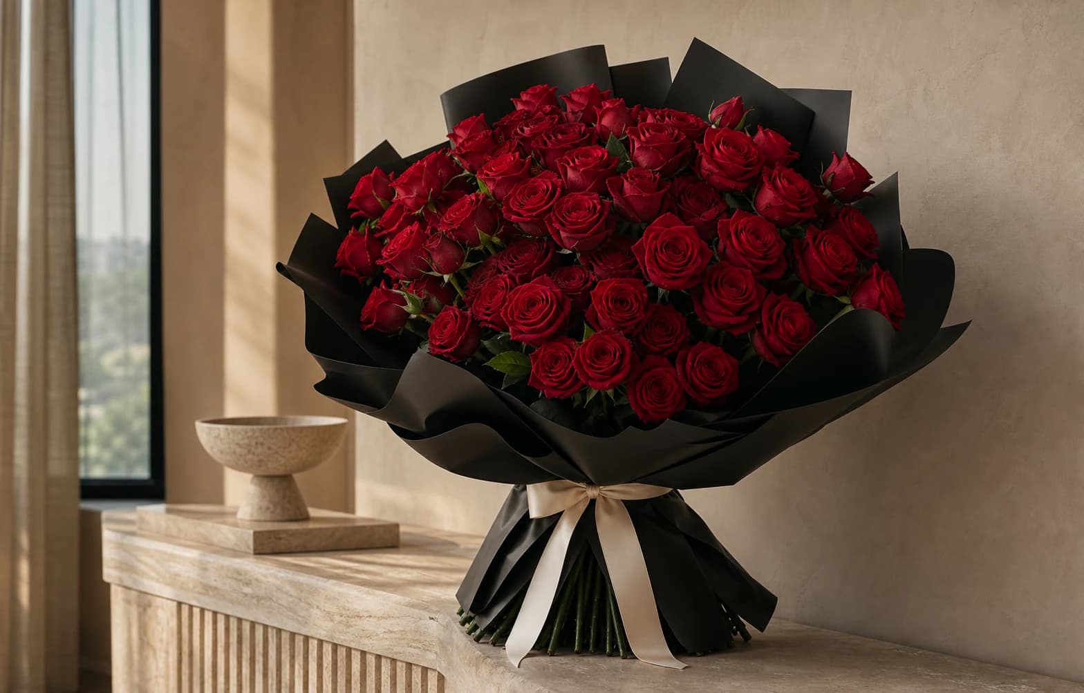 An abundant bouquet of deep red roses in sculptural black wrapping