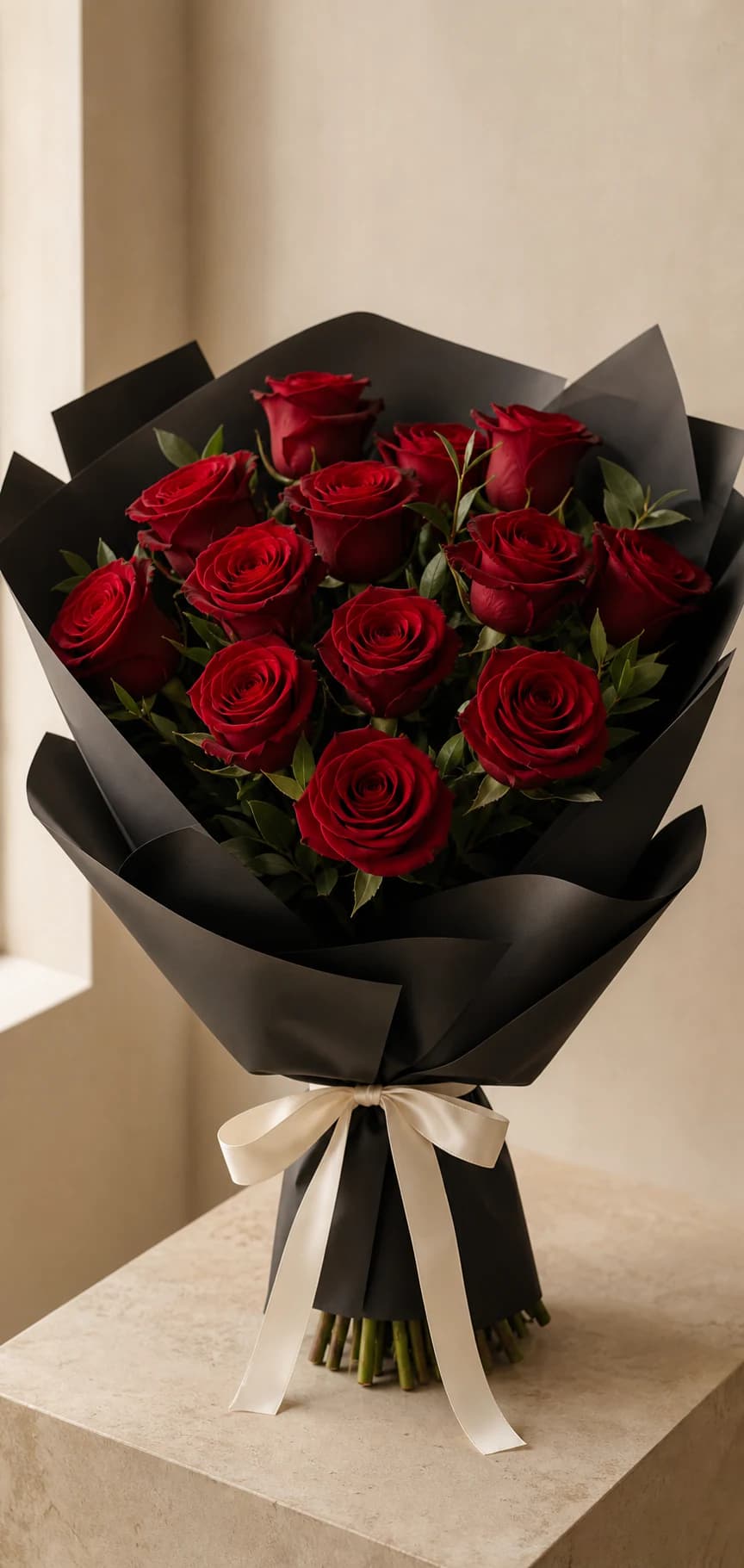 A hand-tied red rose bouquet in black wrapping and ivory ribbon